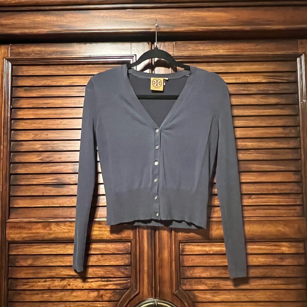 Tory Burch Gray Silk Blend V-Neck Button Front Cardigan Sweater XS